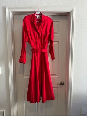 Laura Ashley Red 100% Silk Belted Midi Shirt Dress Size 4